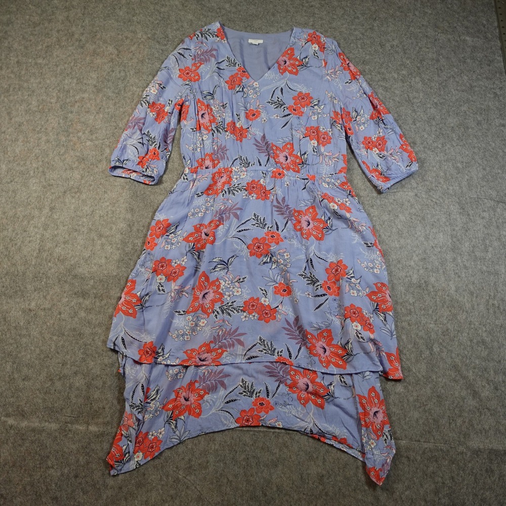 J Jill Dress Womens Large Petite Floral VNeck 3/4 Sleeve Midi Tiered Blue‎ Pink